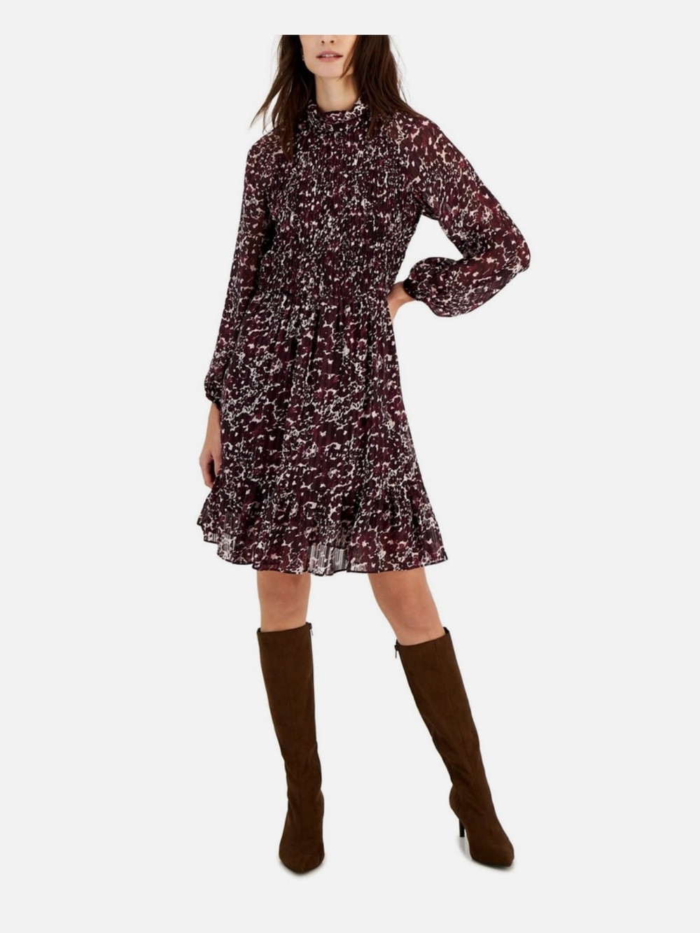 Taylor Burgundy Floral Long-Sleeve Smocked Dress